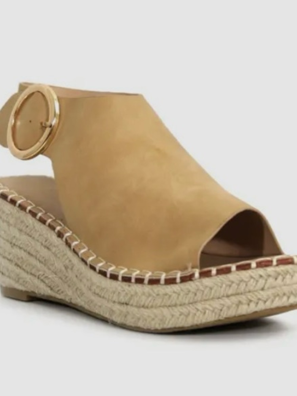 Catherine Malandrino Tan Open-Toe Wedge Espadrille with Gold Buckle
